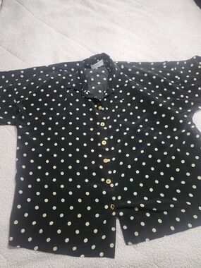 FRANCOISE 100% Silk Black Polka Dot Button-Up Top